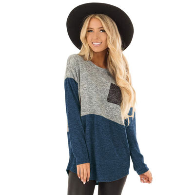 

Women Autumn Concise Color-blocked Long Sleeve Round Collar Shirts