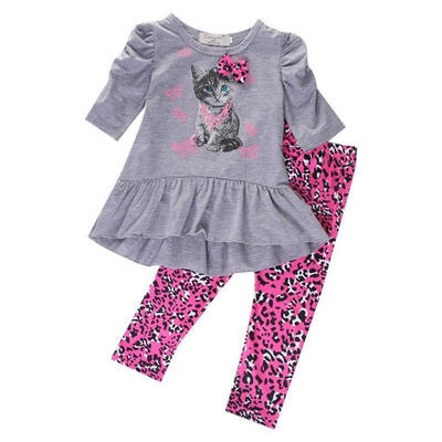 

2pcs Baby Girl Kids Cat Tops DressLeopard Pants Leggings Outfits Clothes 2-7Y
