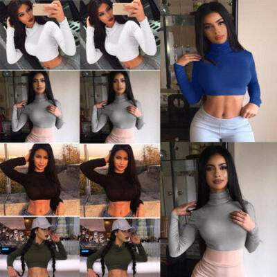 

Women Ladies High Turtle Neck Sweater Crop Top Long Sleeve Jumper T-shirt Blouse