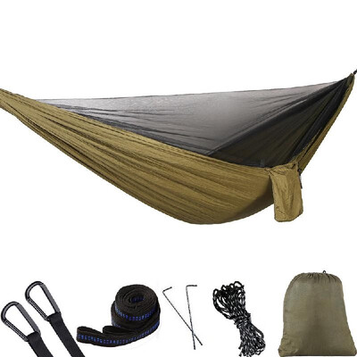 

290 x 140cm Outdoor Hammock Swing with Integrated Mosquito Curtain Bugs Net Extension Straps Clips Ground Rope Ground Nails Includ