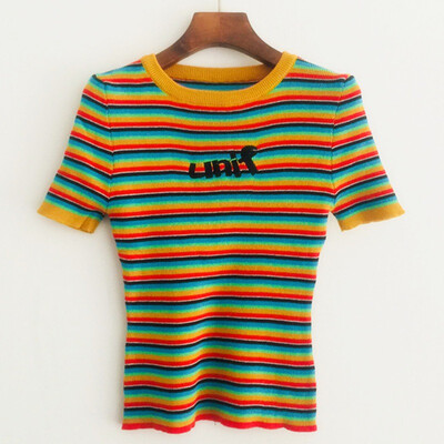 

Womens Pullover Casual Round Neck Letter Embroidery Striped Short Sleeve Slim Knitted Top T-Shirt