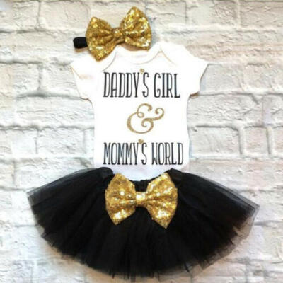 

US Newborn Baby Girl Clothes Daddys Girl Mommys World Romper Skirt 3PCS Outfit