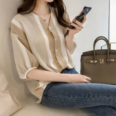 

Women Loose Casual Chiffon V-neck Summer Sweet Striped Print Puff Sleeve Lace Bottoming Blouse