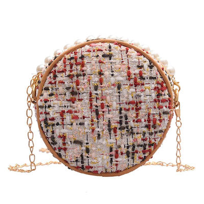 

Elegant Pearl Clutch Women Shoulder Messenger Round Chain Cloth Zipper Bags