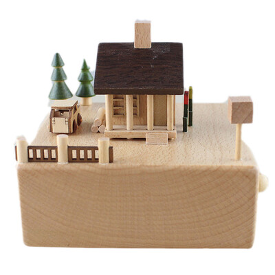 

Gobestart Handmade Building Shape Beech Wooden Clockwork Music Box Craft Decoration