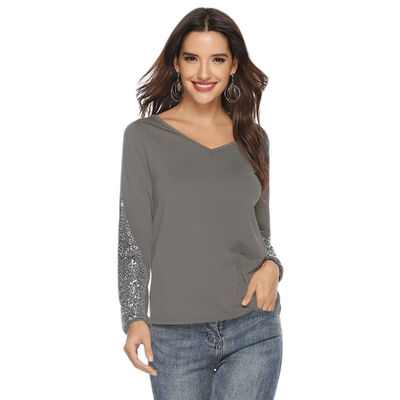 

T Shirt Femme Women Sequins T-shirts Spring Summer Casual Patchwork Long Sleeve Tshirt Casual Tops Tee Shirt Femme