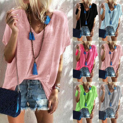 

Womens Summer Loose Blouse Tops Short Sleeve Solid Plus Size Sexy V-Neck T Shirt
