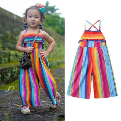 

Summer Infant Baby Girls kids Striped Backless Bodysuit Harem Pants Romper Jumpsuit 1-6Y