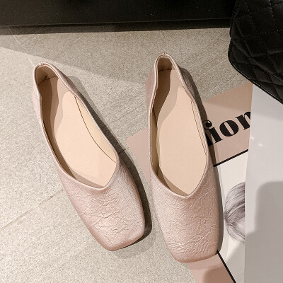 

Single shoe woman 2019 summer celebrity flat bottom shallow square head soft skin soft sole pedal grandmother bean shoes autumn