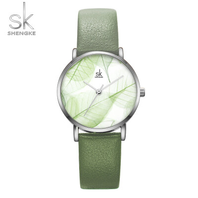 

Shengke New Women Watches Creative Leaves Dial Bright Leather Strap Quartz Clock Fashion Casual Ladies Wristwatches Montre Femme