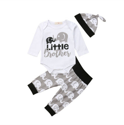 

Newborn Baby Boy Little Brother Tops Romper Elephant Pants Hat Outfit Clothes