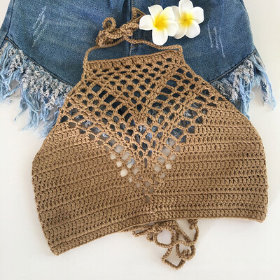 

Sexy Women Crochet Bikini Kniting Halter Top Solid Color Wrapped Chest Bra Sheer
