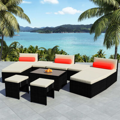 

10 Piece Garden Lounge Set with Cushions Poly Rattan Black