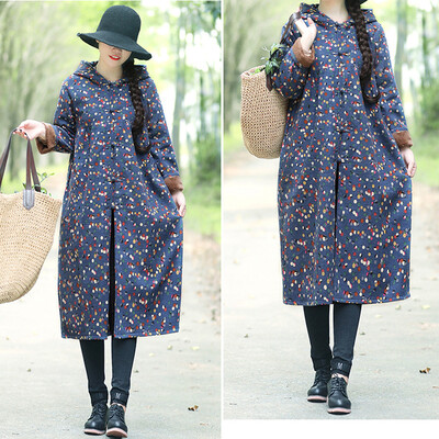 

Toponeto Women Plus Size Winter Coat Cotton-Padded Printing Easy Long Loose Jacket