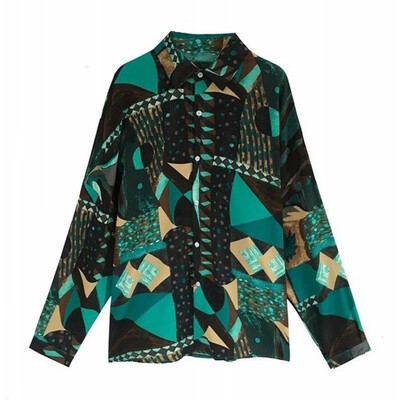 

Summer Women Retro Cartoon Print Lapel Shirt Loose Single-breasted Long Sleeve Sun Protection Green Blouse Chiffon Blouse