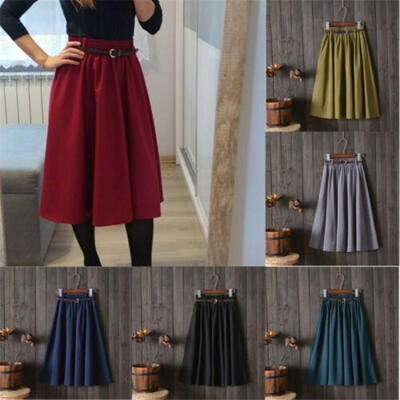 

2019 Women Retro Stretch High Waist Skater Flared Pleated Swing Skirt DressBelt