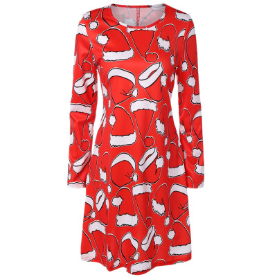 

Long Sleeve Hat Print Mini Christmas Dress