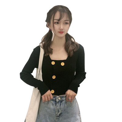 

Solid Color Women Button knitted Tshirt Autumn Ladies Long Sleeve Solid Color Harajuku Top Clothes Streetwear