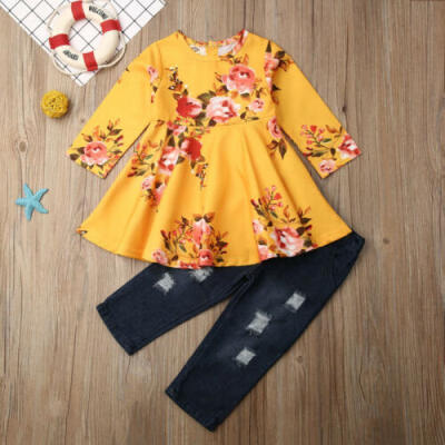 

US 2PCS Toddler Baby Girl Autumn Clothes Floral Tops DressJeans Pants Outfits