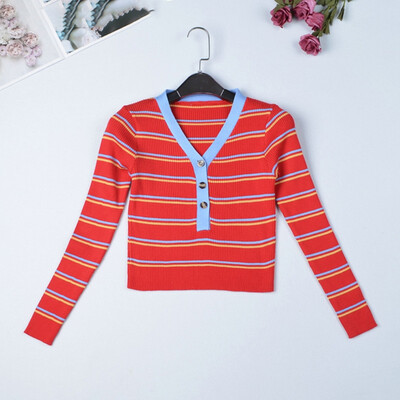 

Retro chic womens sweaters striped v neck korean style ladies slim fit jumpers autumn female clothes pull pullover