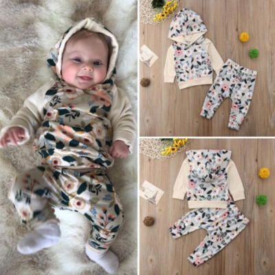 

2Pcs Toddler Kid Baby Girl Floral Long Sleeve Hooded Tops Sweatshirt Long Pants Outfit Clothes Set