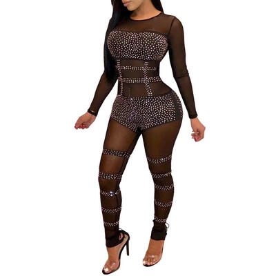 

Women Stretch Sexy Long Sleeve Bodycon Mesh Rhinestone Patchwork Jumpsuit
