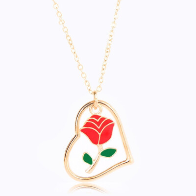 

Cute Romantic Pendant Necklace Serious Hallow Heart Rose Design Trendy Jewelry Gold Color Necklace Female Rose Flower Necklace