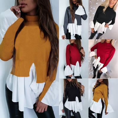 

Fashion Women Irregular Hem Tops Long Sleeve Round Neck Blouse Casual Loose Shirt