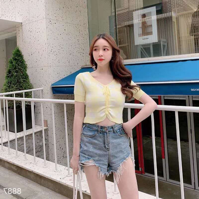 

Ladies Summer Vintage Pleated Drawstring Collar Exposure Belly Contrast Plaid Short Sleeve Sweater Top