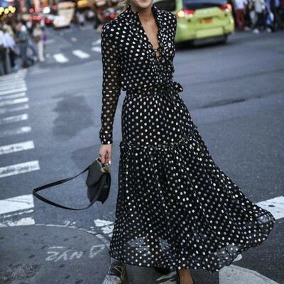 

Womens Boho Long Maxi Dress Beach Cocktail Evening Party Polka Dot Draped Dress