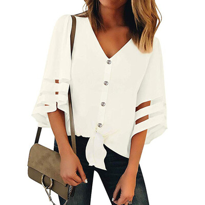 

Nomeni Women Button V Neck Mesh Panel Blouse 34 Bell Sleeve Loose Top Shirt
