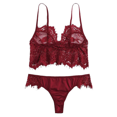 

Toponeto New Sexy Women Eyelash Floral Lace Longline Lingerie Set V-Neck Bra With Thong
