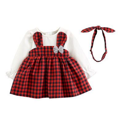 

Spring Baby Girls Dresses Cotton Long-sleeved Princess Dresses Fake Two-piece DressesHeadband Baby Clothes 0-3Y