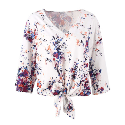 

Summer Shirt Women Shirt Three quarter Sleeve Female T-shirt floral V-neck Fashion