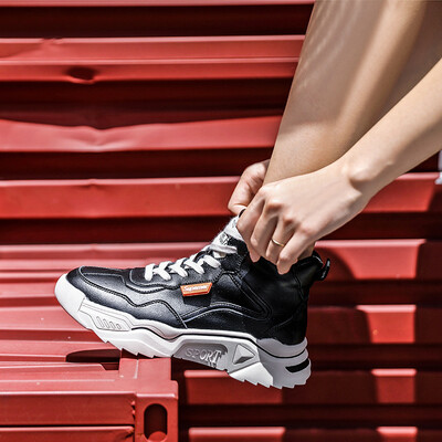 

High-top sneakers womens autumn&winter new thick-bottomed round leather casual shoes Korea