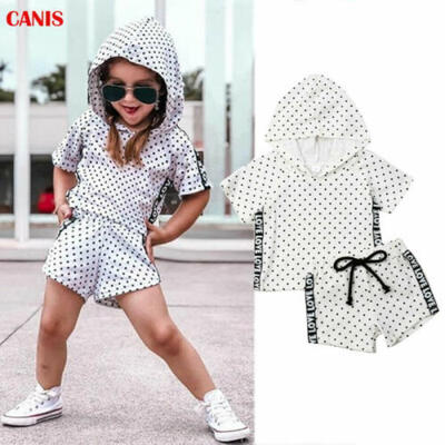 

Girls Polka Dots Hooded Tops And Shorts Outfit Kids Summer Set White Age 1-6 Yrs