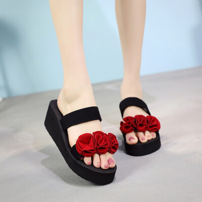 

Rose Fashion Women Slip-on Open Toe Wedges Heels Black Color Flower Slipper Shoes