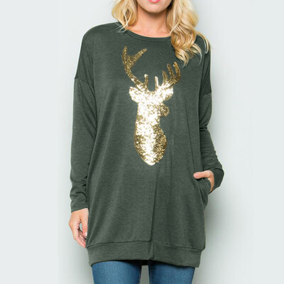 

Gobestart Women Christmas Long Sleeve Wapiti Blouse Sweatshirt Pullover Casual Tops