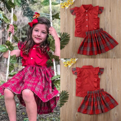 

Christmas Kid Baby Girl Xmas Clothes Tops T-ShirtPlaid Skirt Dress Outfits Set