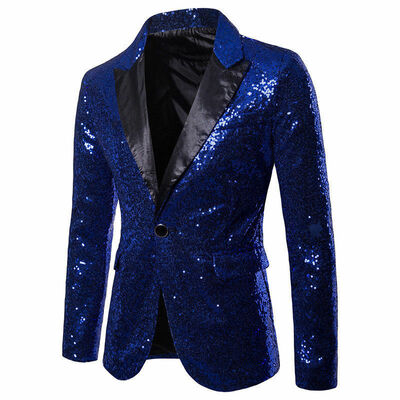

Men V-neck One Button Blazer Suit Party Wedding Glitter Sequin Shiny Coat Jacket