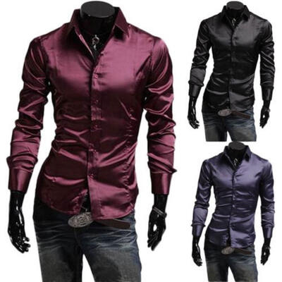 

Mens Long Sleeve Casual Shirt Luxury Wedding Silk-Like Satin Dress Shirt Tops