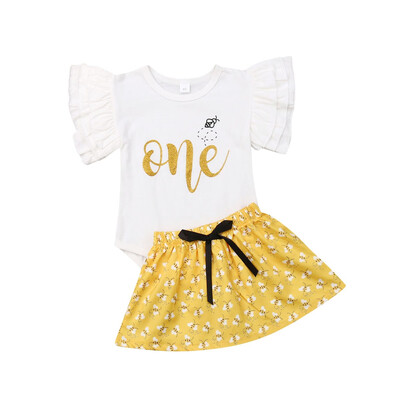 

Toddler Kid Baby Girl Ruffle Sleeve Tops Short Skirt 2PCS Outfit Clothes Summer