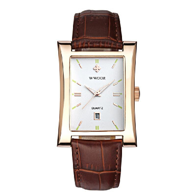 

WWOOR Eye-catching Rectangle Dial Quartz Watch Business Waterproof Leather Band Calendar Wrist Watch