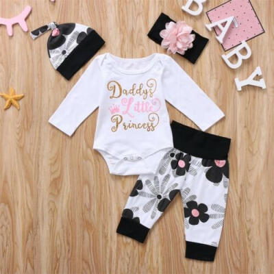 

4PCS Newborn Baby Girl RomperFloral Legging PantsHeadbandHat Outfit Set