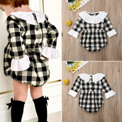 

Infant Baby Girl Clothes Plaid Flared Sleeve Romper Jumpsuit Outfit