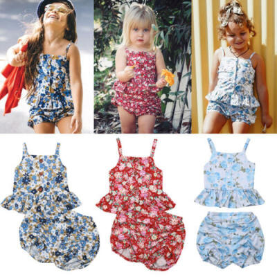 

UK Toddler Kids Baby Girls Strap Flowers Top Short Pants Clothes Outfits Summer