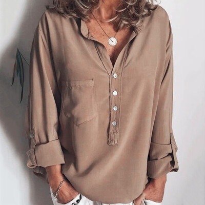 

Womens Long Sleeve Casual Loose Tops T Shirt Ladies Plain Button Blouse Shirts