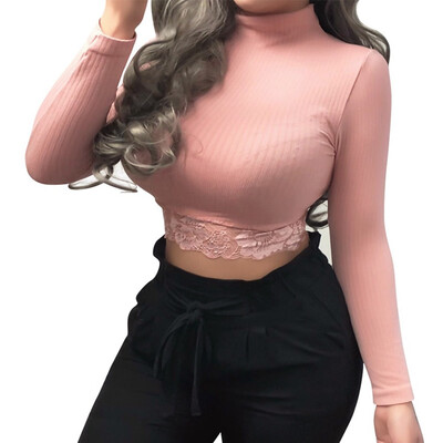 

Women Sexy Pure Color Bottoming Long Sleeve Shirt Ladies Lace High Elasticity Crop Tops