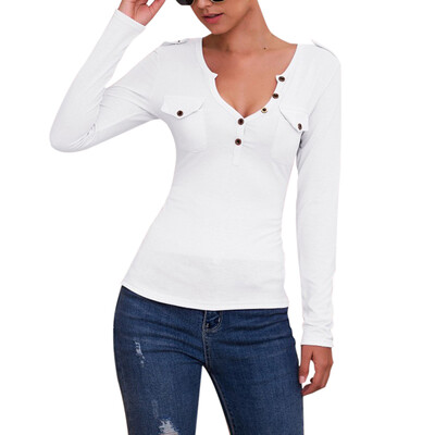 

Sexy V-neck Button Long Sleeve T-Shirt Fake Pocket Asymmetric Slim Top Black 2XL