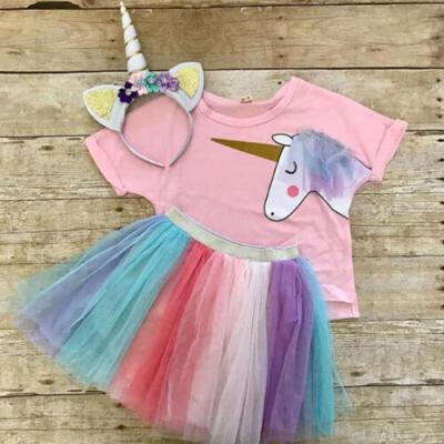 

Kids Baby Girl Unicorn Cotton Top T-shirt Lace Tutu Skirt Outfit Set Clothes Mon